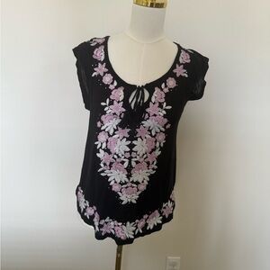 INC International Concepts Black Top with Pink and White Floral Embroidery